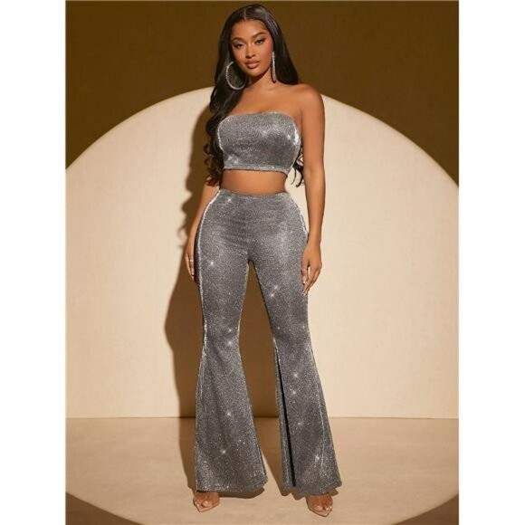 SXY Glitter Crop Tube Top & Flare Leg Pants - Picture 3 of 5